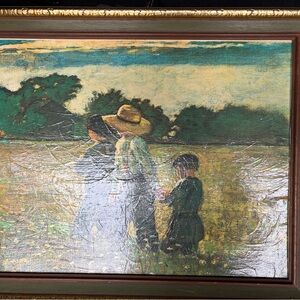 Pastoral Family Scene Framed Art in Green and Cream Tones